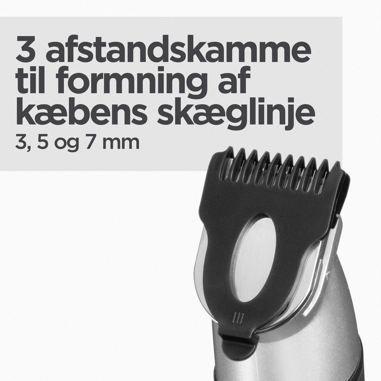 3 afstandskamme til formning af k&aelig;bens sk&aelig;glinje (3, 5 og 7 mm). 